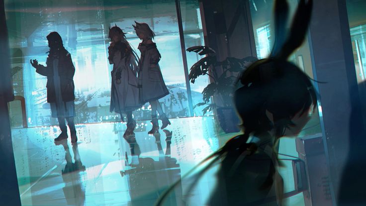 the image is a digital painting or illustration in a stylized anime style. it depicts three anime girls in long coats, standing near glass doors in what appears to be a futuristic or modern hallway. the lighting is predominantly teal, creating a cool, mysterious atmosphere.  the girls are largely silhouetted, with details somewhat obscured. a fourth figure, seemingly an anime girl with rabbit ears, is partially visible in the foreground, obscuring part of the view.  the reflections of the girls are visible on the floor, enhancing the reflective quality of the scene. the overall mood is somewhat melancholic and enigmatic.