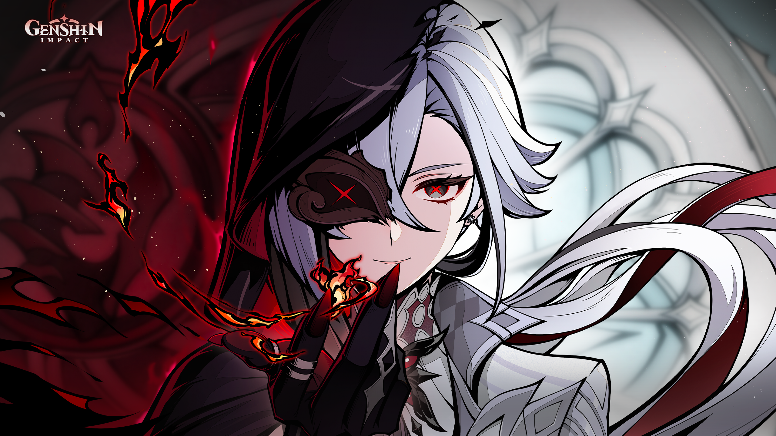 this is a digital illustration of scaramouche, a character from the popular anime and video game genshin impact. he is a young man with white hair and red eyes, and he is wearing a black outfit with a hood, and a white shirt underneath. he is holding his hand up, with a flame in his finger. the background is a pattern of red and white, with flames. the artwork is welldone and detailed.