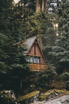 the image showcases a charming aframe cabin nestled deep within a lush, dark evergreen forest. the cabin is constructed of wood, appearing rustic and cozy, with a wooden deck and railings. the surrounding trees are tall and dense, creating a secluded and peaceful atmosphere.  the forest floor is partially visible, showing mossy rocks and hints of a stream or water in the lower foreground. the overall scene evokes a sense of tranquility and escape to nature.  the lighting suggests either early morning or late afternoon.