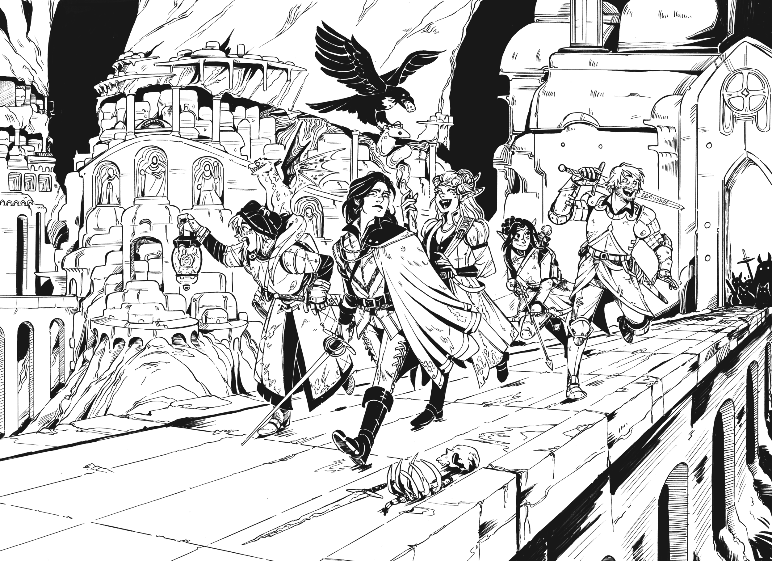 the illustration depicts a group of fantasy adventurers running through a dark, ruined city. the characters are diverse, including elves, humans, and possibly a dwarf, each with distinct clothing and weapons. they are fleeing or pursuing something, judging by their hurried pace. a raven flies overhead, adding to the dramatic mood. the city itself is a mixture of medieval and possibly industrial architecture, showing decay and destruction. the overall style is reminiscent of a comic book or graphic novel, with sharp lines and heavy shading. a lantern is being held by one of the characters, illuminating their way.  a skull lies on the ground near the path, hinting at danger or previous events.