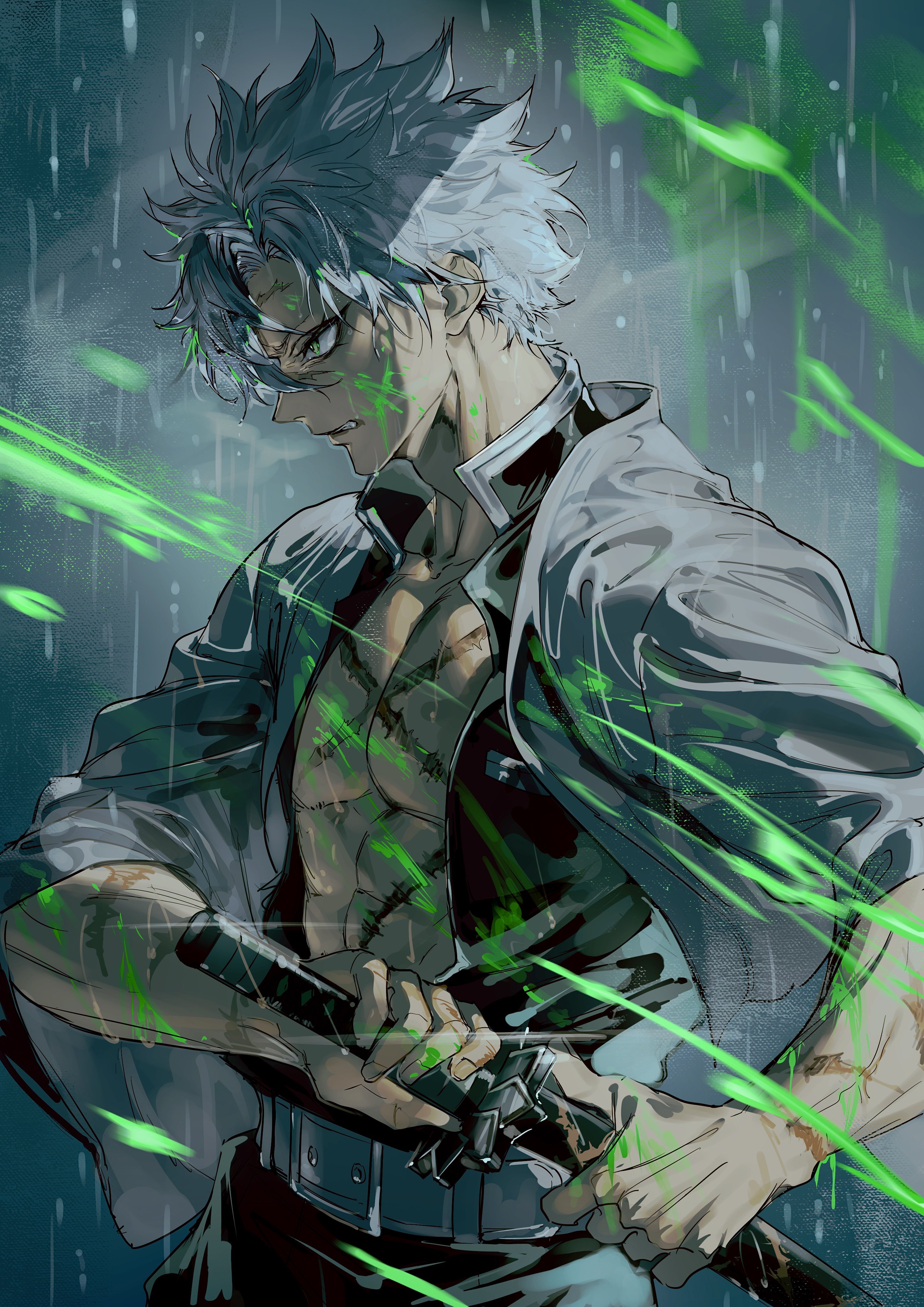 the image is an illustration of sanemi shinazugawa, a character from the anime and manga series demon slayer, in a fighting stance. he is shirtless beneath his open uniform, revealing numerous scars across his torso. he grips his katana tightly, its blade partially drawn. rain falls heavily around him, interspersed with streaks of vibrant green, possibly representing his windbased powers. sanemi's expression is fierce and determined, highlighting his strength and resolve in battle.