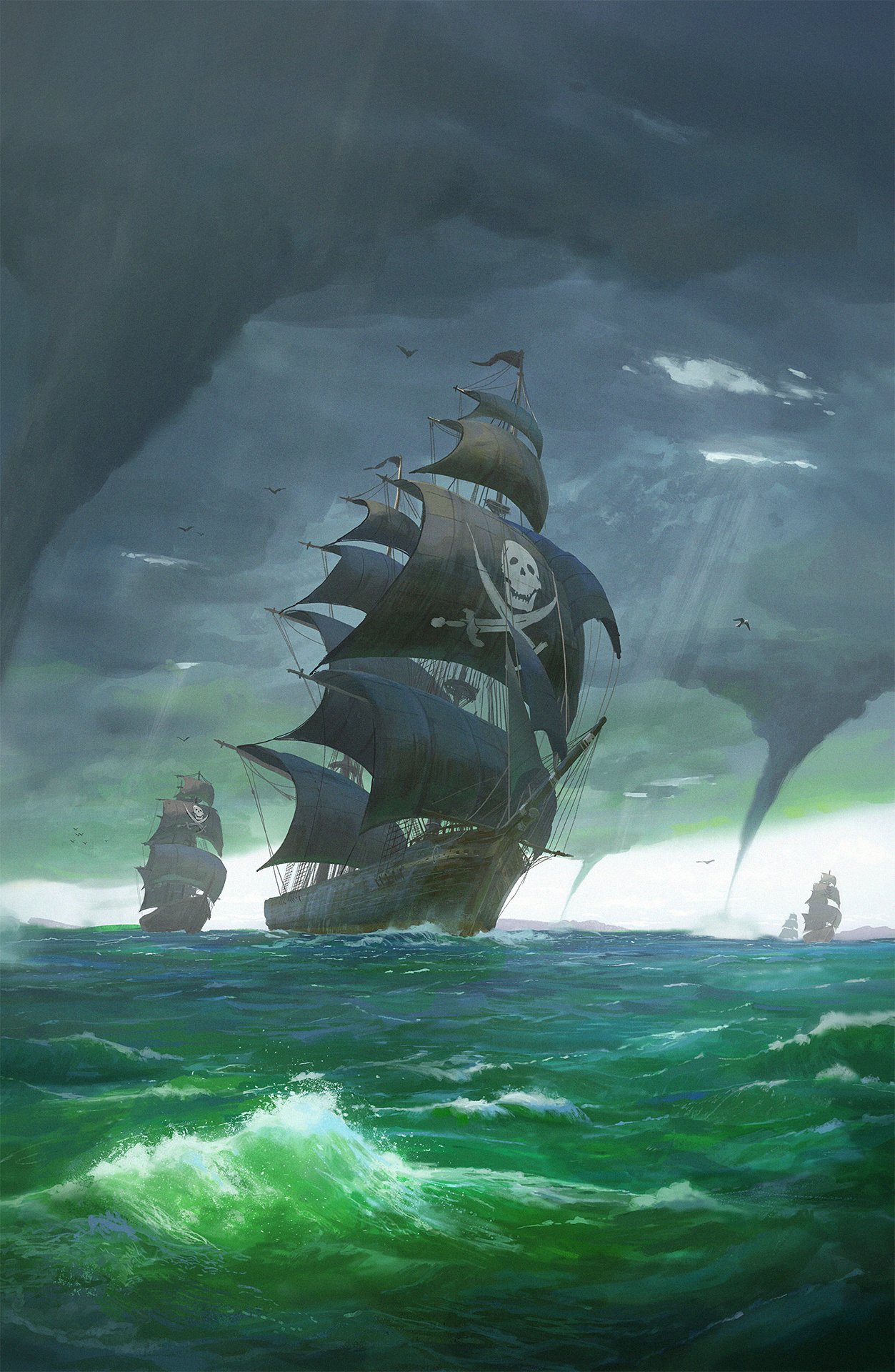 a painting depicts several pirate ships sailing on a stormy ocean, with a large pirate ship in the foreground displaying the jolly roger flag. waterspouts are visible in the distance against a dark and ominous sky. the ocean is turbulent with green waves.