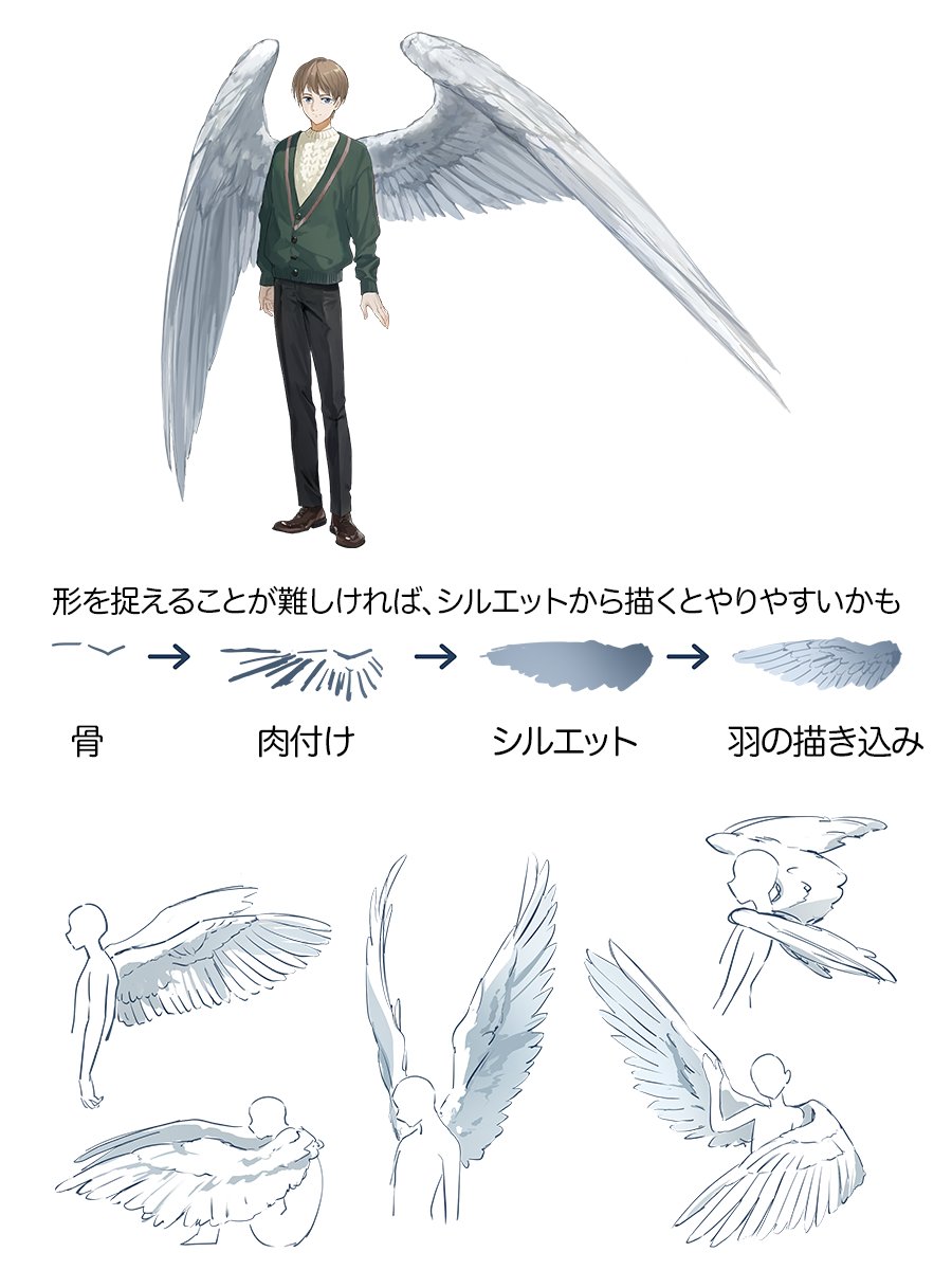 he image is a drawing tutorial on how to draw angel wings. it starts with a basic line drawing of a human figure with large wings, progressing to a more detailed illustration.  the tutorial shows the process from outlining the basic bone structure to adding muscle definition, creating a silhouette, and finally rendering the individual feathers of the wings.  there are multiple examples of how to draw the wings from different angles.  the style is reminiscent of anime or manga character design. the text is in japanese and describes the steps involved in the tutorial.