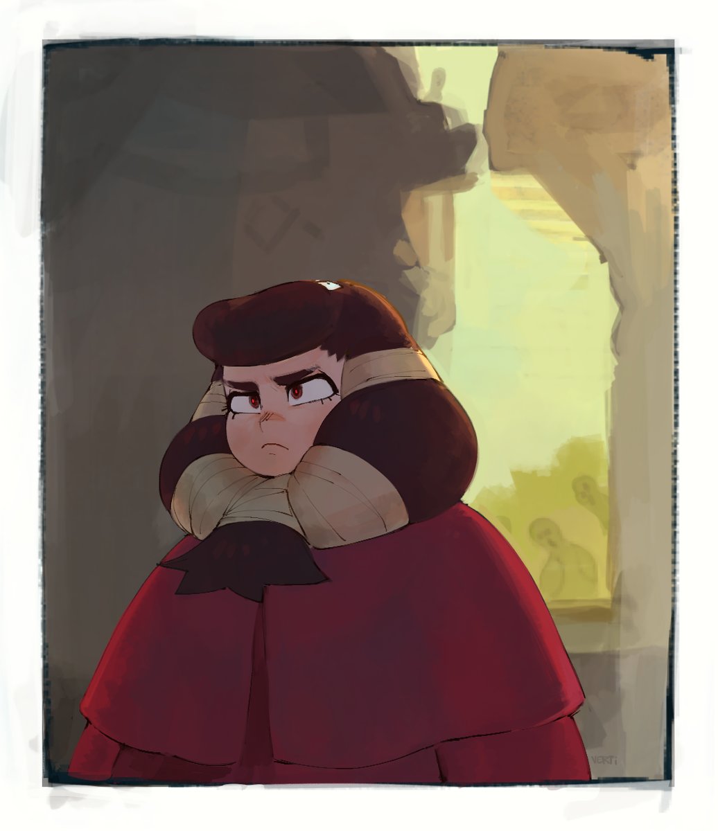 a cartoon drawing of a woman with dark hair and a red cloak, standing in a doorway. her expression is serious and angry. the background is a dark and stonelike, with a bright light source coming from the right.  the art style is simple and colorful.