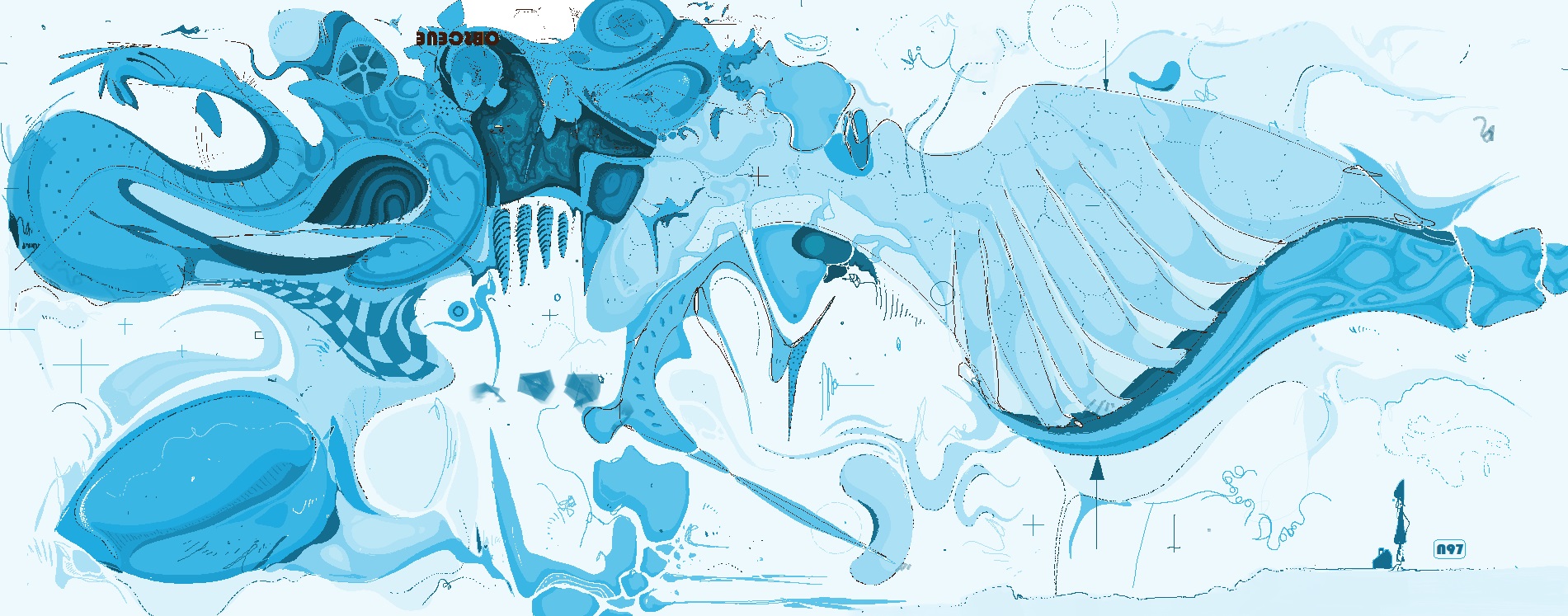 the image is a vibrant piece of abstract digital art dominated by shades of blue and turquoise.  it features a complex interplay of swirling, flowing organic shapes that resemble waves or water.  these forms are interwoven with geometric lines and patterns, creating a dynamic and energetic composition. the style is suggestive of psychedelic or surreal art, with a collagelike layering of elements. the overall effect is fluid and visually engaging. there are seemingly random markings and symbols scattered across the artwork, adding to its abstract and unconventional nature. a small, almost silhouetted figure appears near the bottom right, adding a subtle human element to the otherwise intensely abstract scene. the number "n97" is also visible in the bottom right corner, possibly a signature or identifier.