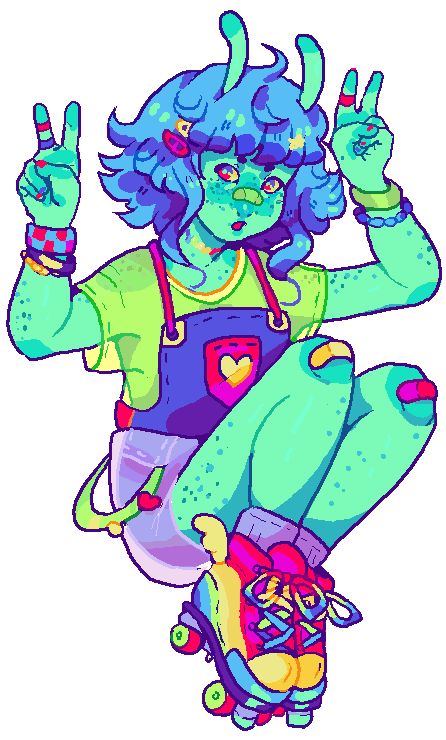 a colorful cartoon illustration of a happy alien girl wearing roller skates and smiling. the alien girl is blue and green with purple hair and is wearing a pink, yellow, and blue outfit. she is making peace signs with both hands and has a happy, cheerful expression. the illustration is set against a white background and is full of bright, vibrant colors.