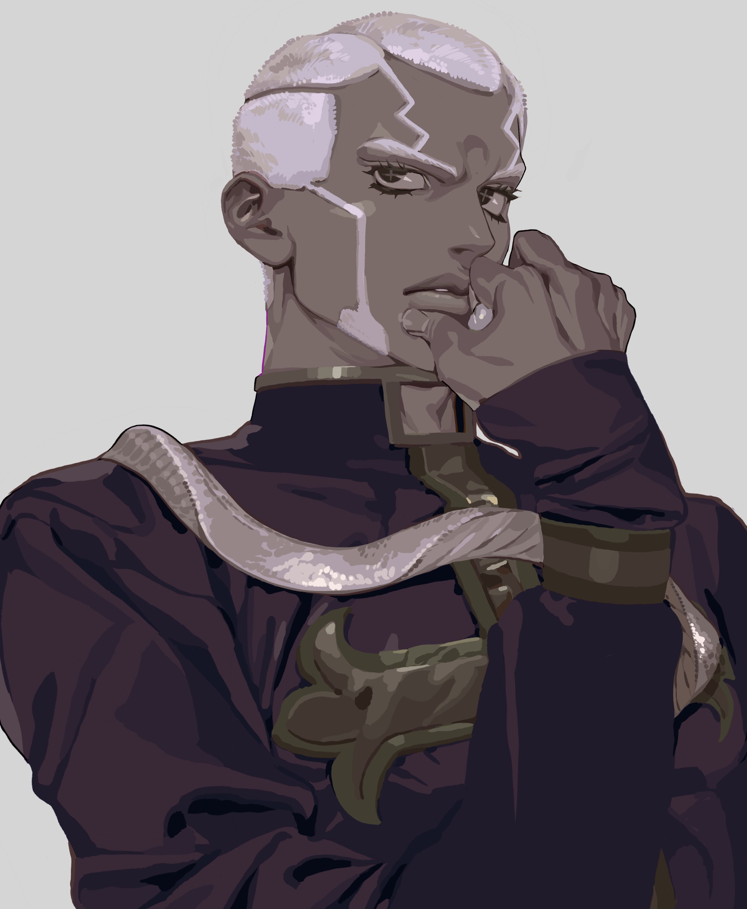 the image features a stylized illustration of enrico pucci from jojo's bizarre adventure. he has short, white hair, dark skin, and is dressed in a purple outfit with a snake draped around his shoulders and a cross emblem on his chest. pucci is depicted with a serious expression, his finger touching his lips, in an anime/mangainfluenced art style.