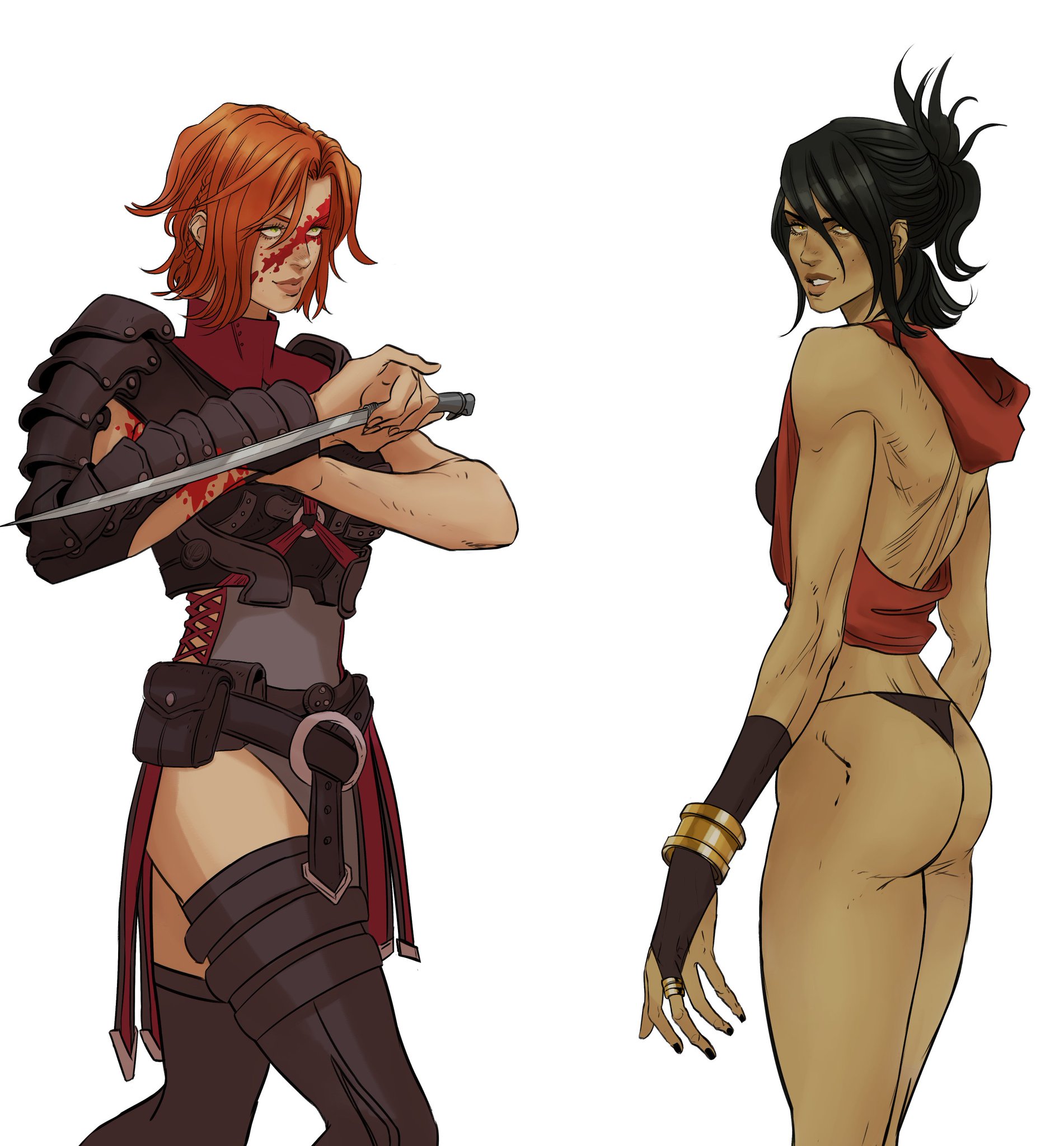 two women stand side by side. the woman on the left has red hair and is wearing armor. she is holding a knife with blood on it. the woman on the right has black hair and is wearing a revealing outfit with a backless top.
