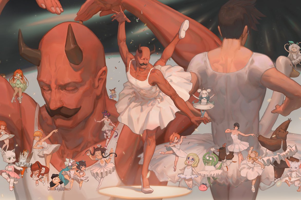 the image is a vibrant and surreal digital illustration featuring a large, redskinned demon with horns and a mustache dressed in a ballerina's white tutu.  he is centrally positioned, seemingly supporting and dwarfed by a multitude of smaller figures, also dressed in tutus and engaging in ballet poses. these smaller figures include both humanlike characters and fantastical creatures such as animals and possibly spirits. the composition is fantastical and whimsical, contrasting the imposing figure of the demon with the delicate grace of the dancers. the color palette is soft but with rich tones, emphasizing the overall dreamlike and artistic quality of the piece.  the background is relatively dark and indistinct, focusing attention on the central figures and their interactions.  the overall style is unique and suggestive of a playful, yet slightly unsettling, fairy tale.