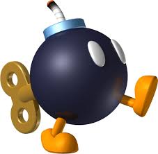 a 3d render of a bobomb, a character from the super mario video game franchise. the bobomb is black with a round body, a blue fuse and a yellow winding key. it is walking to the right, with its right arm and right leg extended. it is a cartoonish style character.