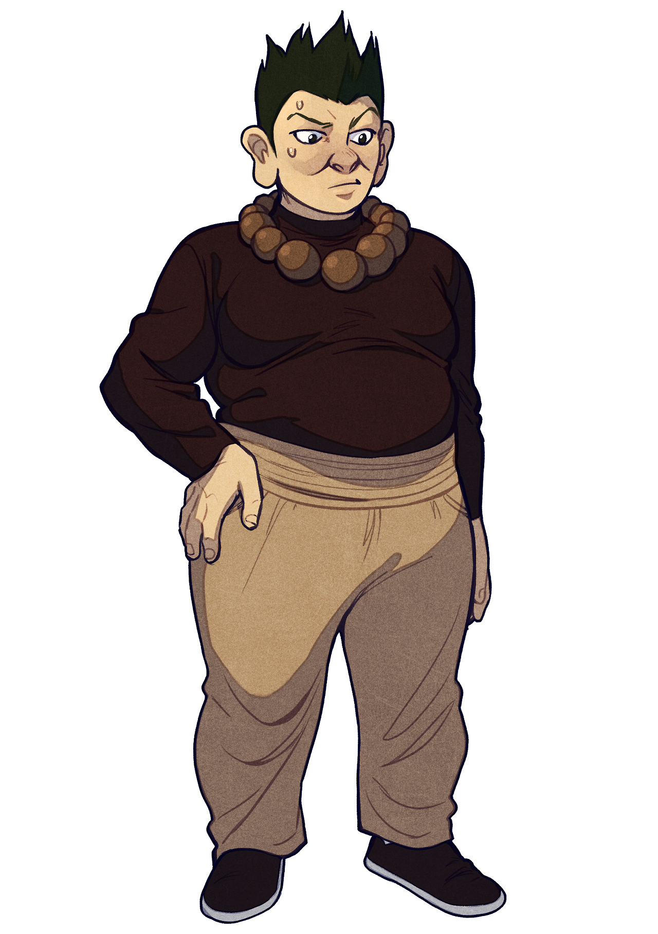 an illustration of a cartoon man standing with one hand on his hip. he has short black hair, brown eyes and is wearing a brown turtleneck, brown pants, and a large brown beaded necklace.