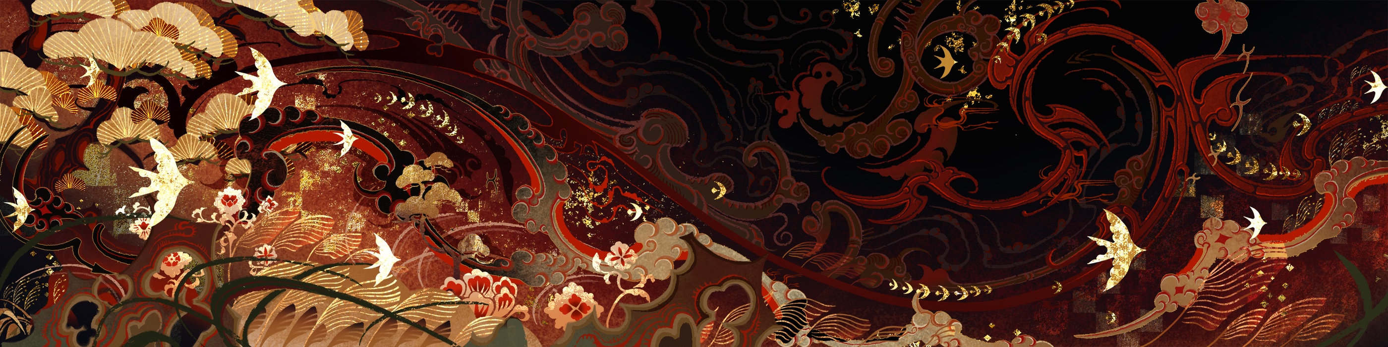 the image is a richly detailed and ornate piece of artwork reminiscent of japanese aesthetics. it features a complex pattern of swirling waves, stylized clouds, and birds in flight, all rendered in shades of deep red, black, and gold.  the gold elements appear to be metallic or have a goldleaflike texture, adding to the sense of luxury.  floral motifs are interwoven within the larger wave and cloud patterns. the overall style is dynamic and flowing, creating a visually captivating and sophisticated design suitable for wallpaper, fabric, or other decorative applications. the color palette is dark and luxurious, with the gold accents providing highlights and pops of brightness. the birds are subtly integrated into the design and add movement and life to the scene. the artwork exhibits a high level of detail and intricacy in the patterns and texture work.