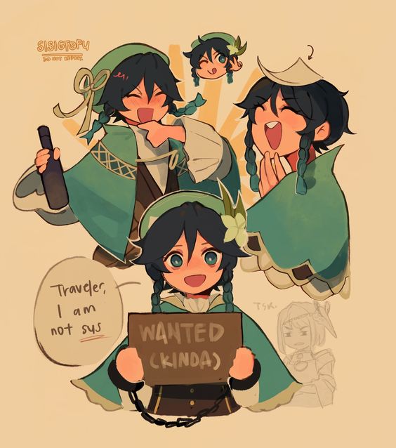 this image is a digital illustration of an animestyle character. the character is a young girl with blue hair and green eyes. she is wearing a green and brown outfit. she is smiling and holding up a wanted sign. there are other small versions of the girl throughout the image, one of them is laughing.