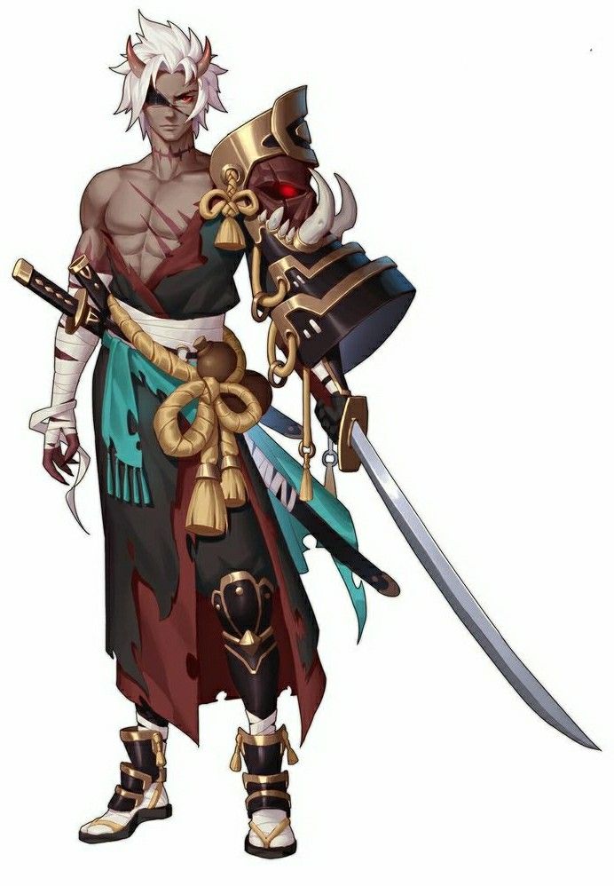 this is an illustration of a samurai, who is a japanese warrior who is highly skilled in swordsmanship. he is wearing a traditional samurai outfit, including a black and red hakama (a type of pleated skirt), a white and green kimono, a black and gold armor on his right arm, and a pair of black and gold sandals. he is holding a katana, a japanese curved sword. he has white hair and red eyes and appears to be a demon slayer.