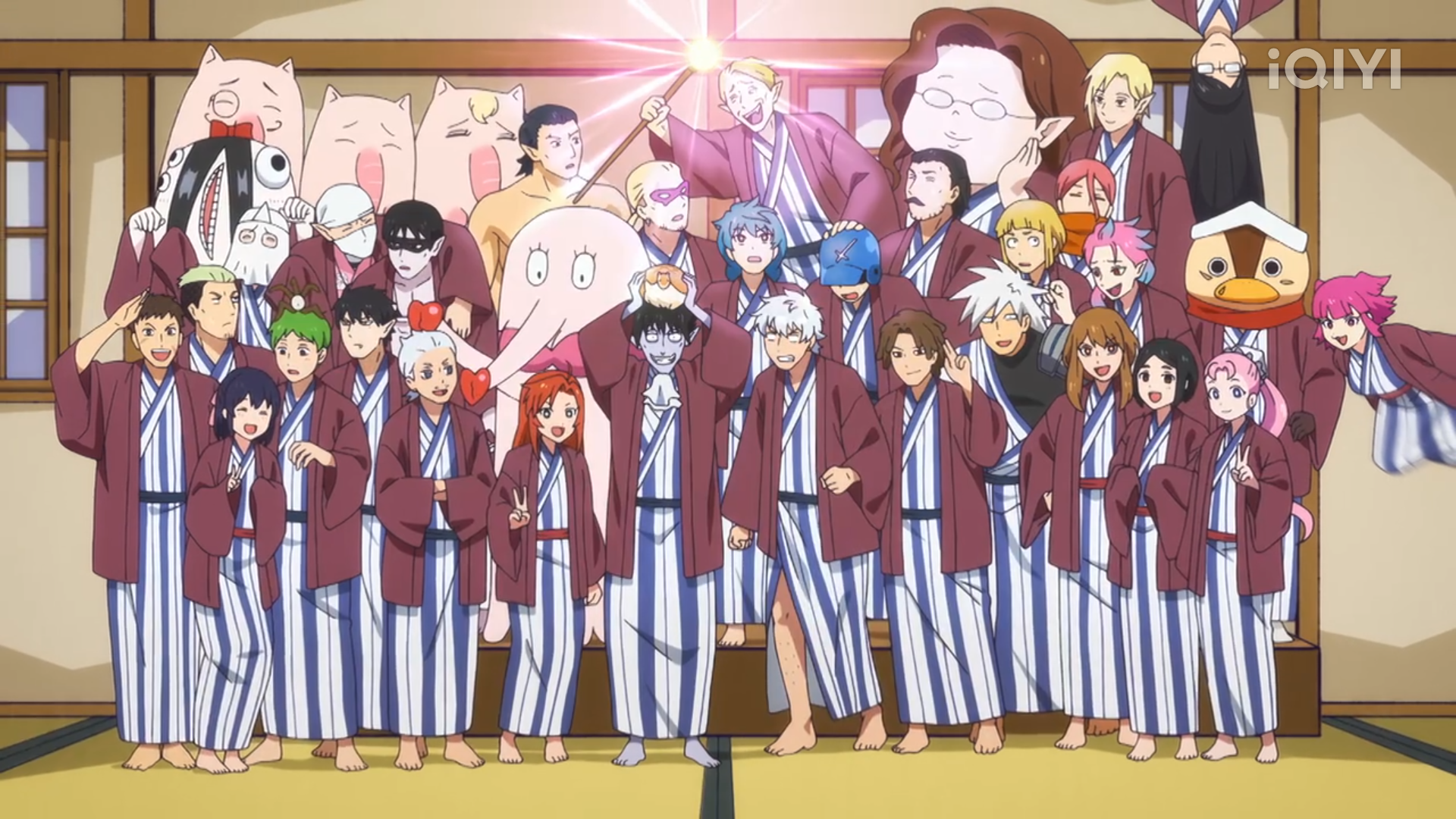 a large group of diverse anime characters, both male and female, young and old, stand together for a celebratory photo. they are all wearing matching blue and white striped yukata, traditional japanese garments often worn during festivals. the setting appears to be a traditional japanese room with tatami mats on the floor.  the bright, artificial lighting suggests an indoor setting and adds to the cheerful, festive mood. the perspective is at eyelevel, giving a sense of being part of the group.