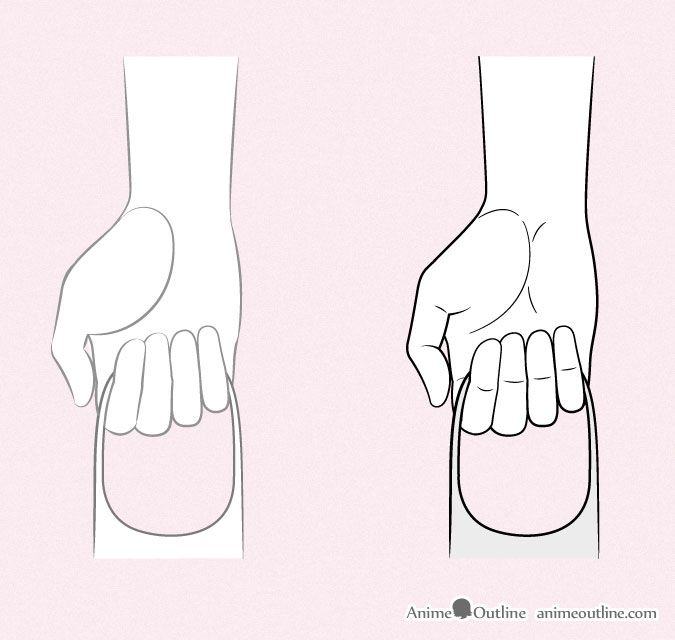 two line art illustrations of hands gripping an object, likely part of an anime art tutorial. the hands are detailed with fingers, palms, and wrists, and the object being held is a simplified oval shape. the illustration on the right has slightly darker lines and more detail in the hand. the text "anime outline animeoutline.com" is at the bottom.