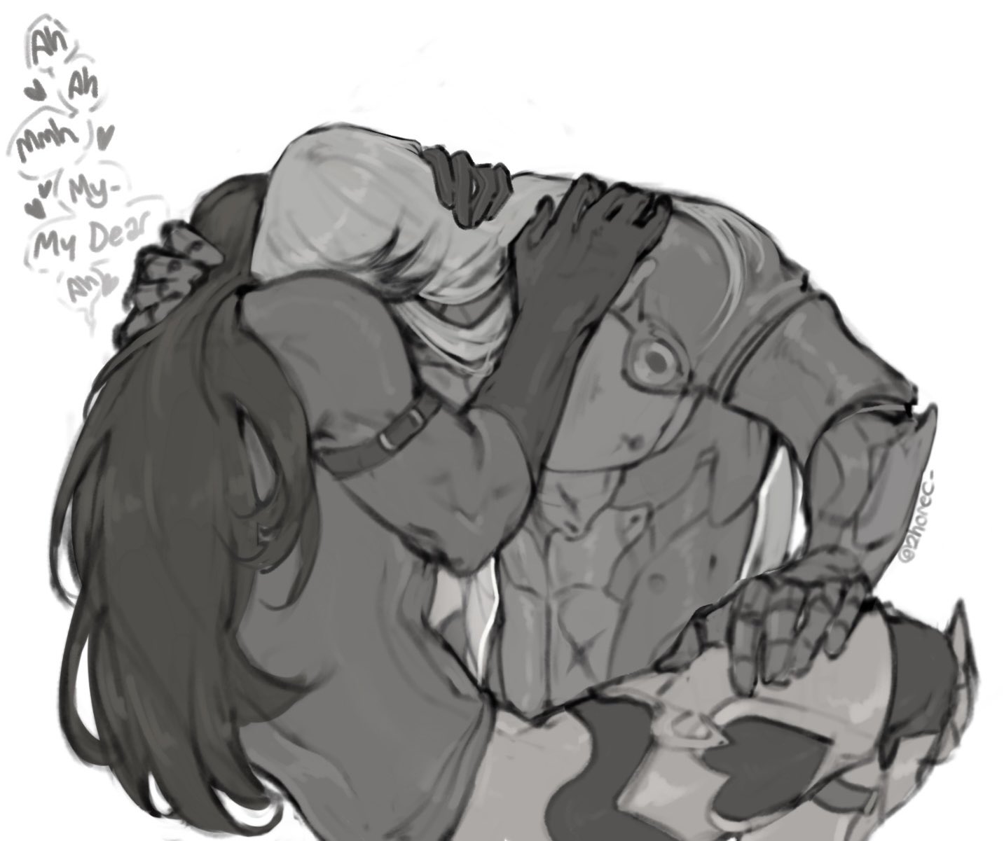 a grayscale drawing depicts a tender embrace between two characters. one, possibly female, with long dark hair, is held close by the other, possibly male, in more armored attire. the image is filled with a sense of intimacy and affection, conveyed through their body language and the soft lines of the sketch. small words like "ah," "mmm," and "my dear" float around them, adding to the romantic atmosphere. the style leans towards anime or manga, with soft shading and detailed expressions. the overall feeling is warm, gentle and romantic, focusing on the emotional connection between the two individuals.