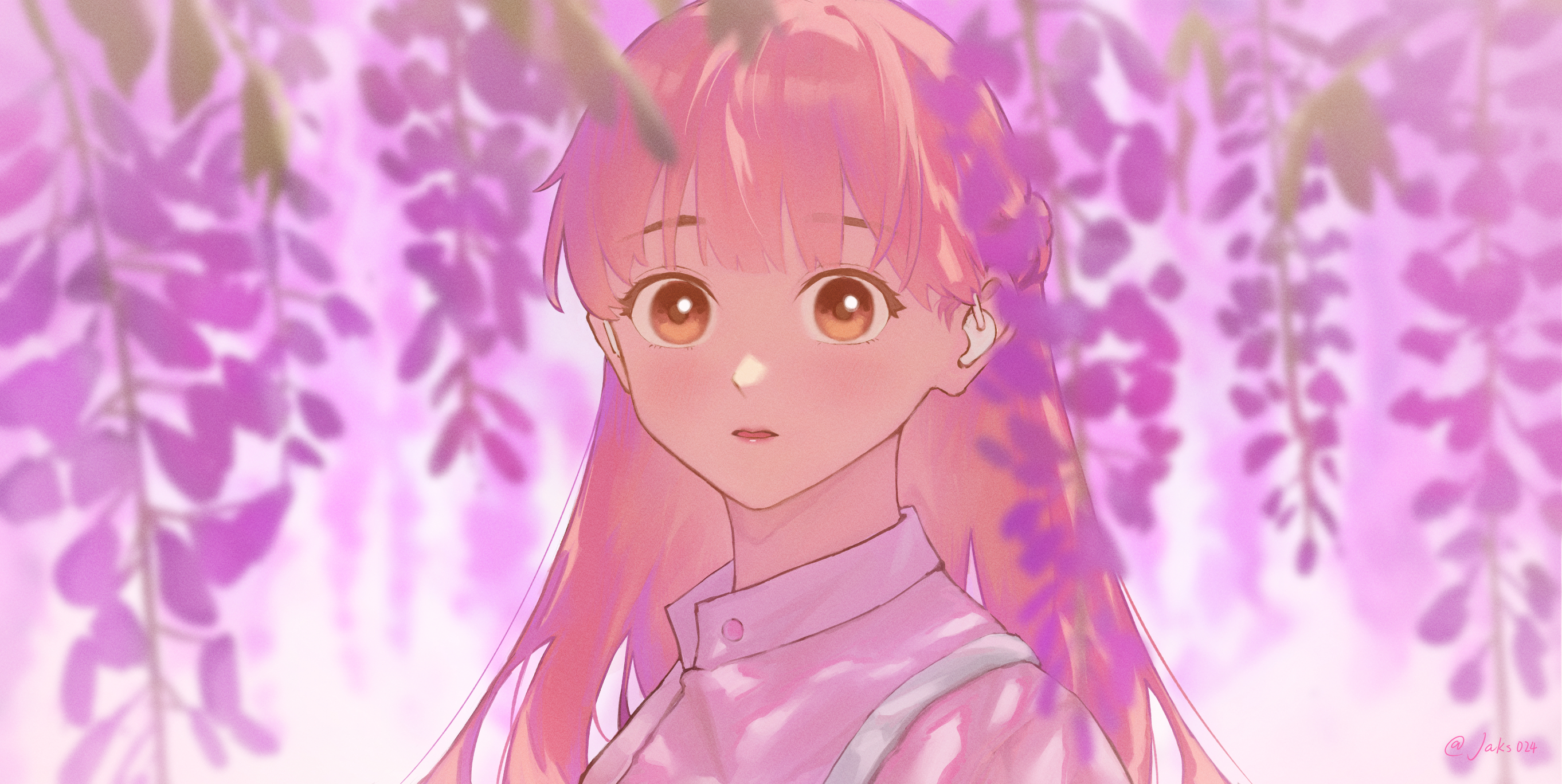 an anime style illustration of a girl with long pink hair and brown eyes. she is standing in front of a wisteria plant, with the purple flowers cascading around her. the girl is wearing a pink and white outfit. the overall color palette is soft and pastel.