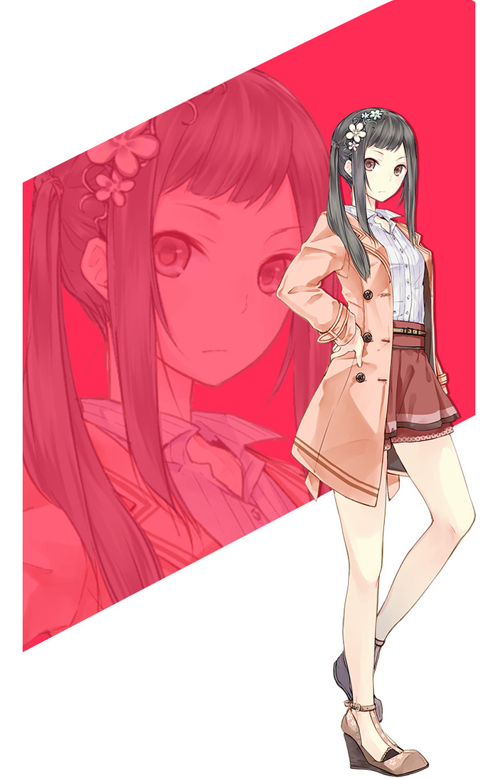 the image showcases a fullbody illustration of a young woman, drawn in a style reminiscent of anime and manga. she is positioned against a vibrant red geometric background that diagonally bisects the frame. her attire consists of a stylish ensemble featuring a light brown coat, a white buttondown shirt, a maroon skirt, and brown wedged heels. her long, dark hair is styled in twintails adorned with delicate white flowers. the lighting is soft, casting subtle shadows and enhancing the overall visual appeal of the illustration.
