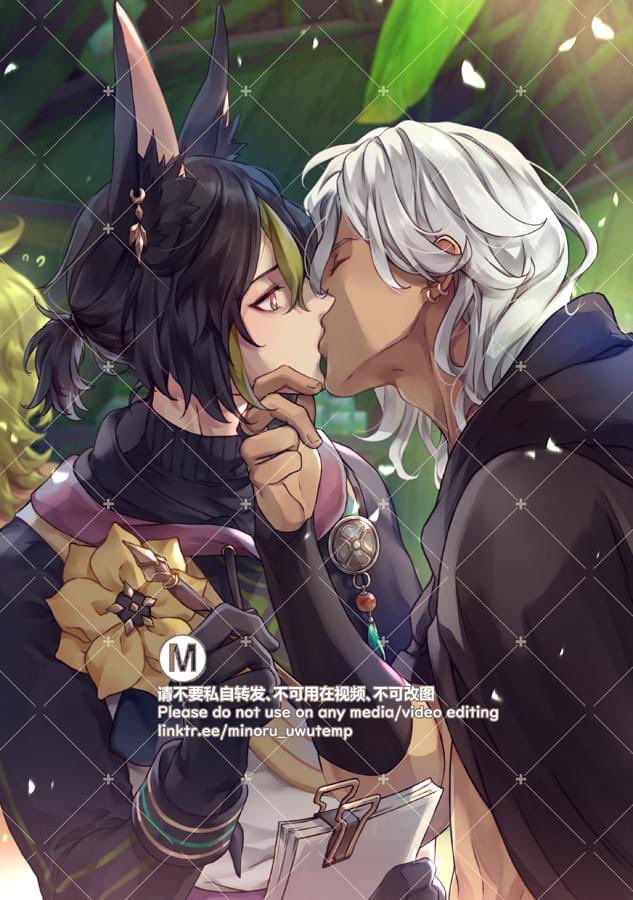 the image is a digital painting depicting two anime boys, a black haired one with cat ears, and a white haired one