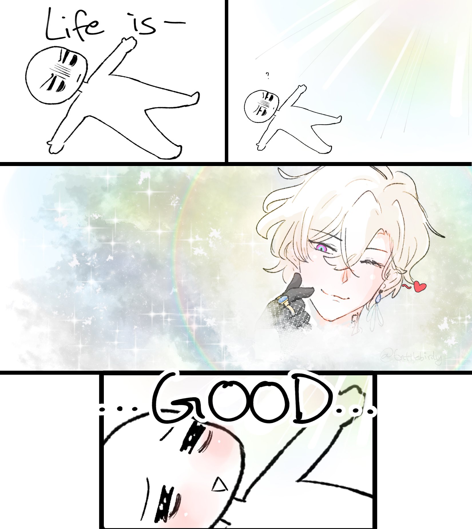 the image is a fourpanel comic strip combining simplistic stick figure drawings with more detailed animestyle artwork.  the first panel depicts a stick figure saying "life is—" implying a question about the nature of life. the second panel shows the same figure seemingly ascending into a heavenly light. the third panel features a closeup of a charming anime boy with white hair and purple eyes, radiating a peaceful aura. the final panel shows a stick figure reacting to the anime boy's image, with the word "good" emphasizing a positive feeling. the overall style is lighthearted, cute, and suggests a theme of finding joy and positivity in life.