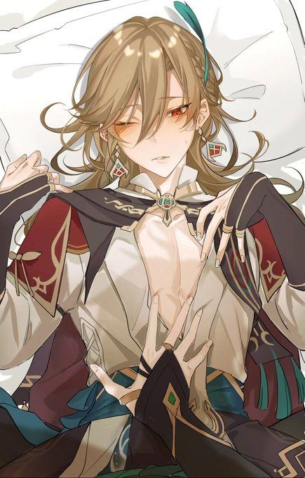 he image is a piece of fanart depicting albedo from genshin impact. he is lying down, his long blond hair spread around him.  he's wearing elaborate clothing with gold and red accents,  and has a featherlike accessory in his hair. his red eyes are slightly closed, and his expression is serene. the focus is on his upper body, with his hands near his chest and another pair of hands gently touching him.  the art style is soft and detailed, emphasizing delicate lines and muted colours. the overall atmosphere is sensual and intimate.