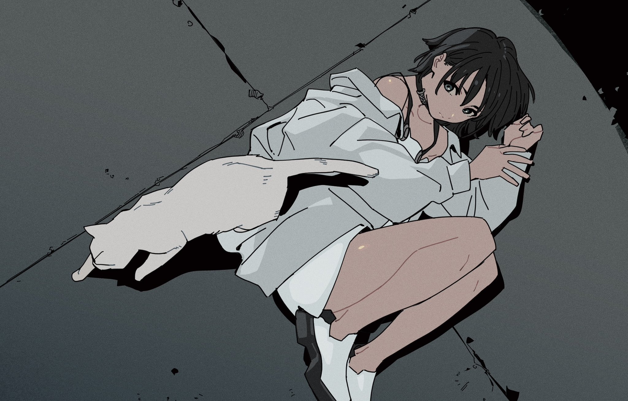 the image is an animestyle illustration of a young woman with short dark hair sitting on a dark gray, grungy surface that resembles a street or alley. she's wearing a loose, offshoulder white shirt and dark shorts or a skirt, paired with white shoes. she appears somewhat melancholic, with her arms around herself. a white cat sits beside her, adding a sense of quiet companionship. the overall color scheme is dark and muted, contributing to a somber mood. the style is reminiscent of manga or graphic novel illustrations.