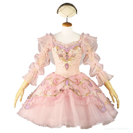 a pink romanticstyle ballet tutu on a mannequin. the bodice is adorned with pink and gold floral embroidery, with sheer, flowing sleeves. the multilayered tulle skirt is also embellished with matching floral embroidery around the edges. a matching headpiece sits atop the mannequin.  the overall aesthetic is delicate, feminine, and whimsical.