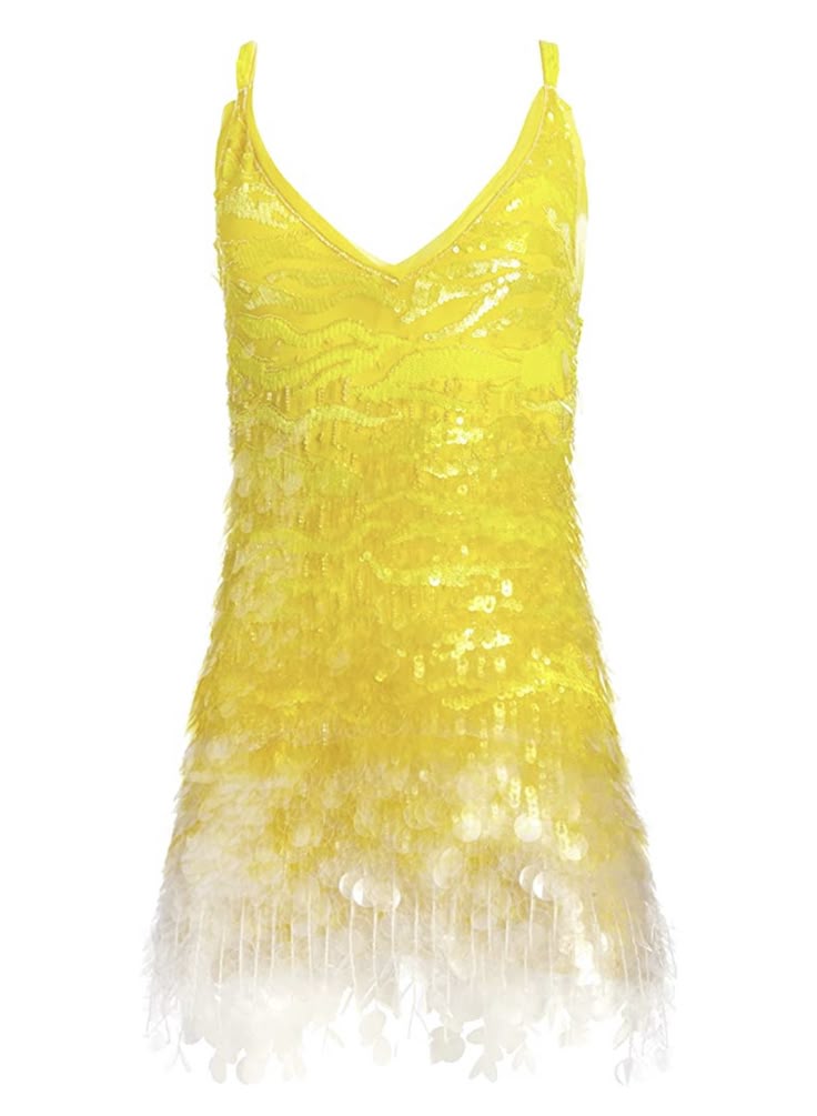a yellow sequined dress with a vneck and a white, fringed hem. the dress is sleeveless and appears to be a minidress.