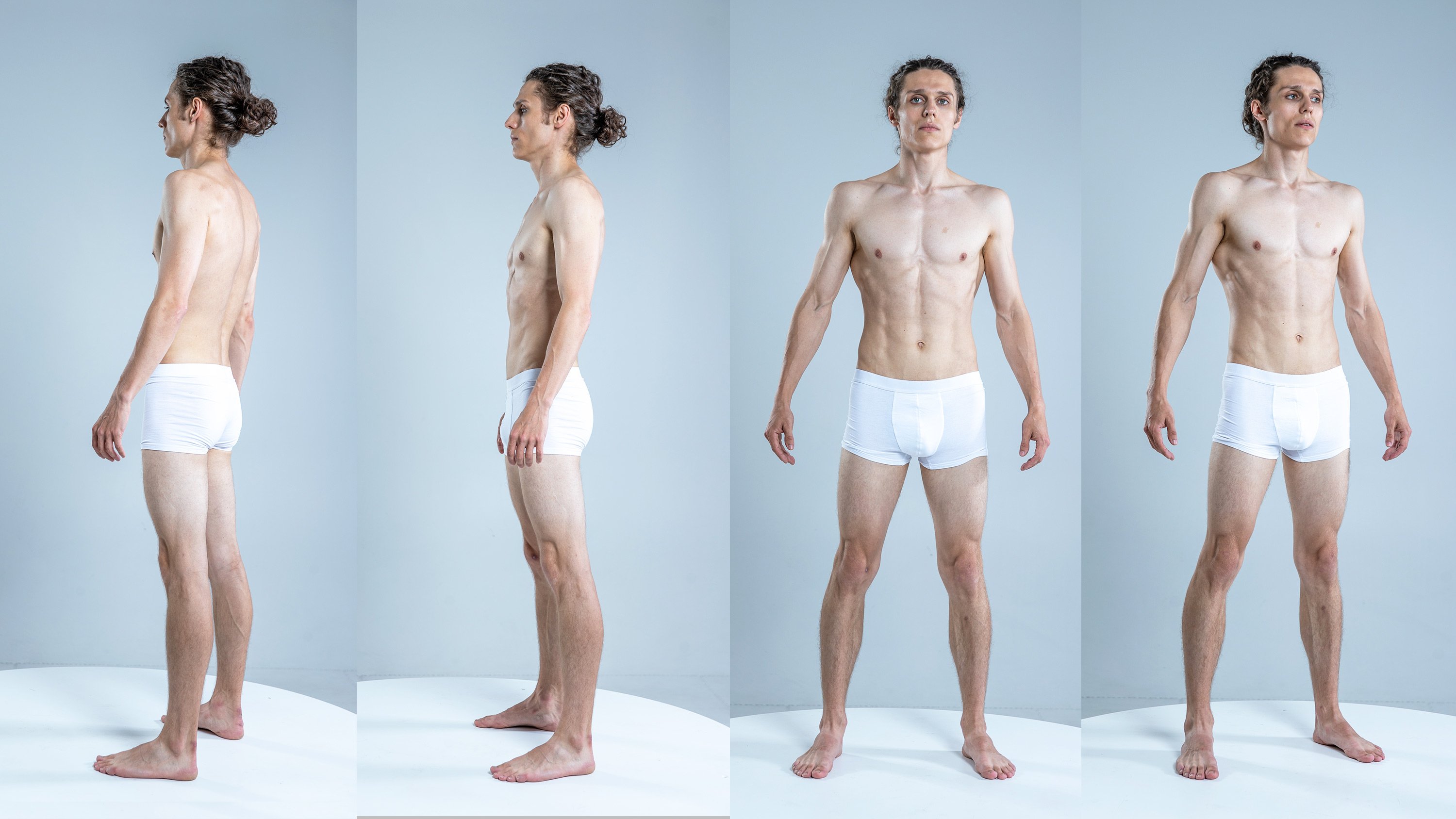 this image shows a fit man wearing white underwear. he's posing from the front, back and side. the backdrop is a plain, light grey. the image is welllit and the lighting is soft. he has a muscular physique and is posing with his hands on his hips. the image is wellcomposed and the model's body is shown in a flattering way.