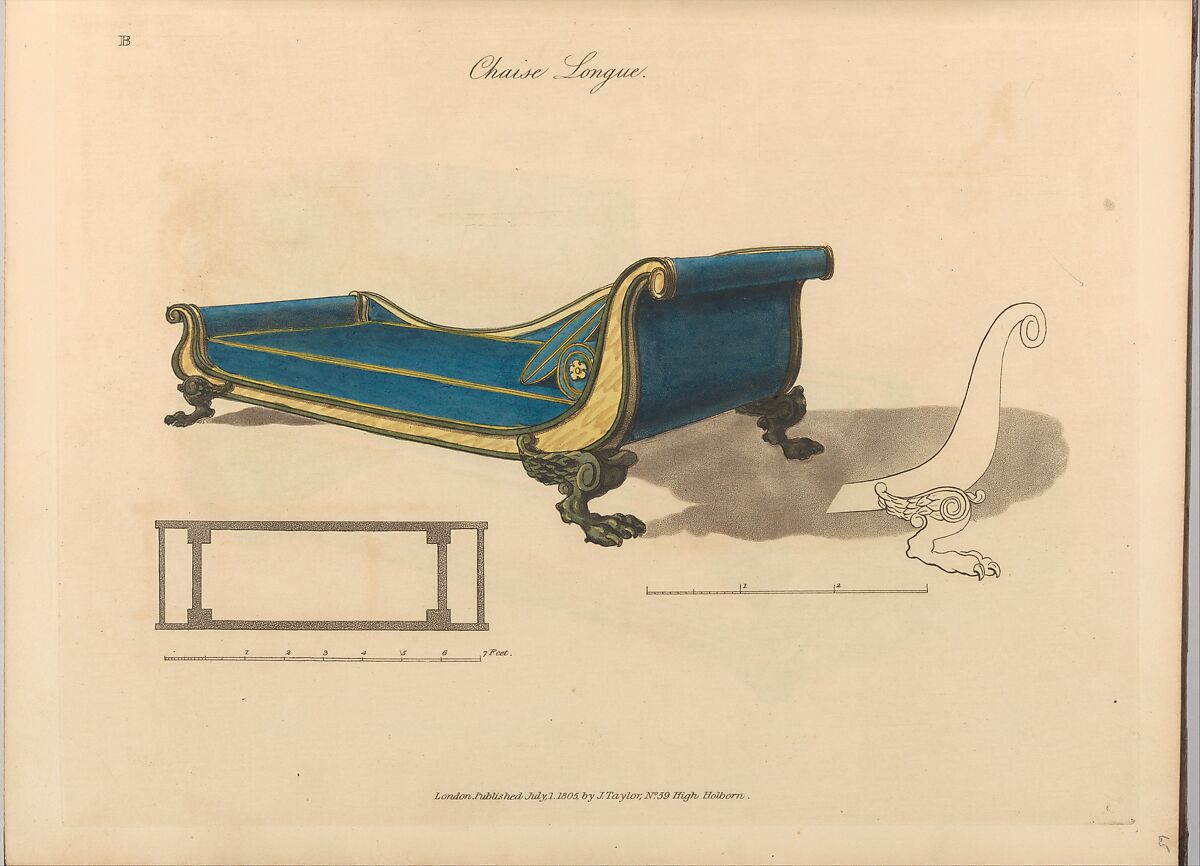 the image is a vintage illustration of a chaise longue, a type of luxurious sofa or seating furniture designed for reclining. the drawing showcases the design details of the chaise longue, featuring its curved shape, ornate legs, plush upholstery in a shade of blue, and gilded accents. the illustration also includes a plan view, providing dimensions and structural information about the piece. a detached leg design is also included in the illustration. the image appears to be an antique drawing, possibly from a publication in london around 1805. it's likely a design or blueprint for furniture makers of the era. the label at the bottom indicates it was "london. published july 1, 1805 by j. taylor, n. 59 high, holborn."