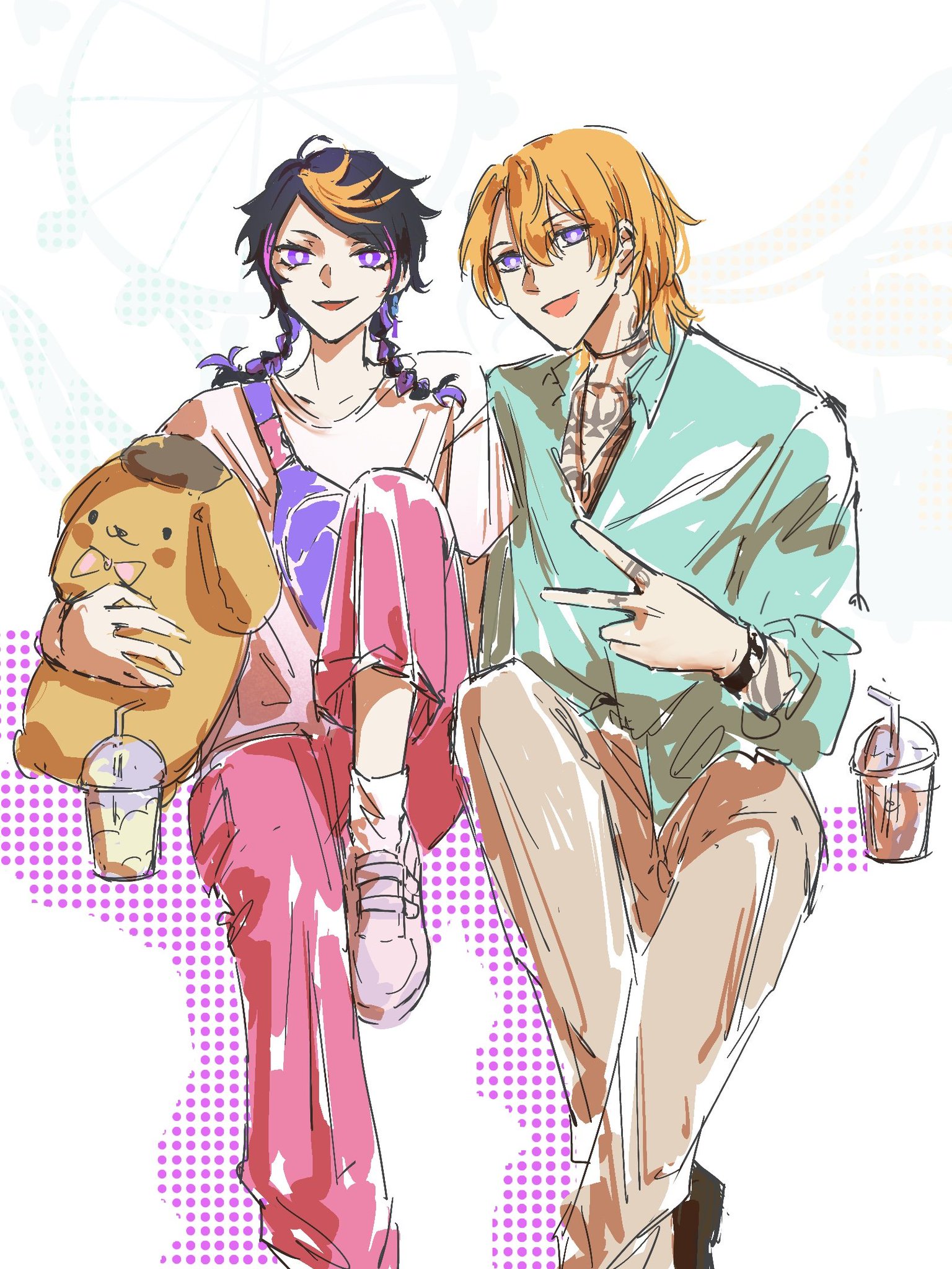 a digital drawing of an anime couple. the female character is wearing a pink and white outfit with a purple and white shirt, and the male character is wearing a light green button down shirt and khakis. the female character is holding a yellow plush puppy and the male character is holding a brown and white drink. they are smiling and happy together, standing in front of a pink and white polka dot background.