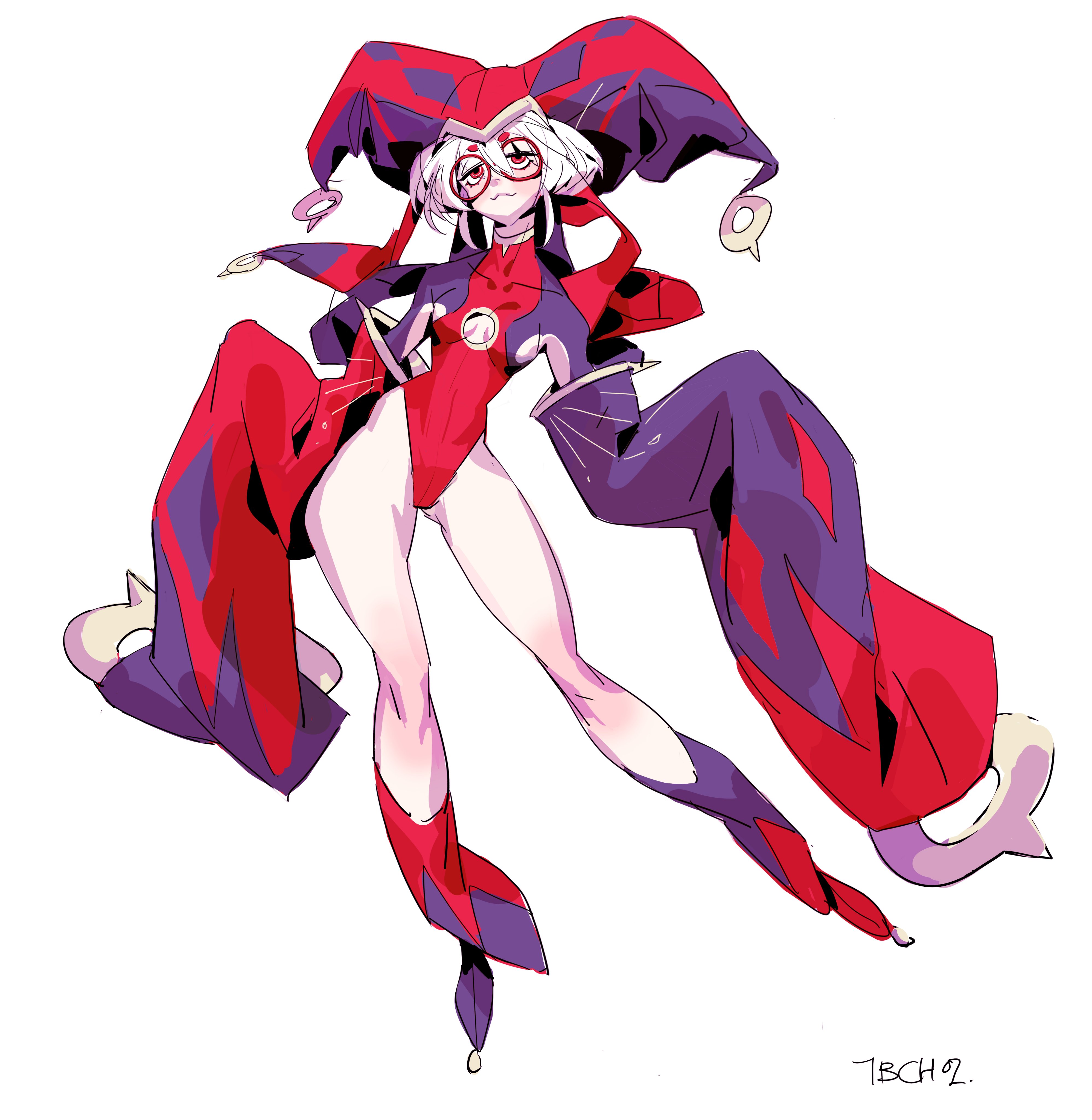 the image is a stylized digital illustration of a female anime/manga character. she is dressed in a vibrant red and purple jester or harlequin costume. the costume features a pointed hat, flowing sleeves and pants, and a tightfitting bodysuit. her hair is white or lightcolored, and she wears glasses. the character is depicted in a dynamic, slightly offbalance pose, giving the image a sense of movement and energy. the art style is whimsical and expressive, with bold lines and vibrant colors.  the overall impression is one of fantasy and playfulness.