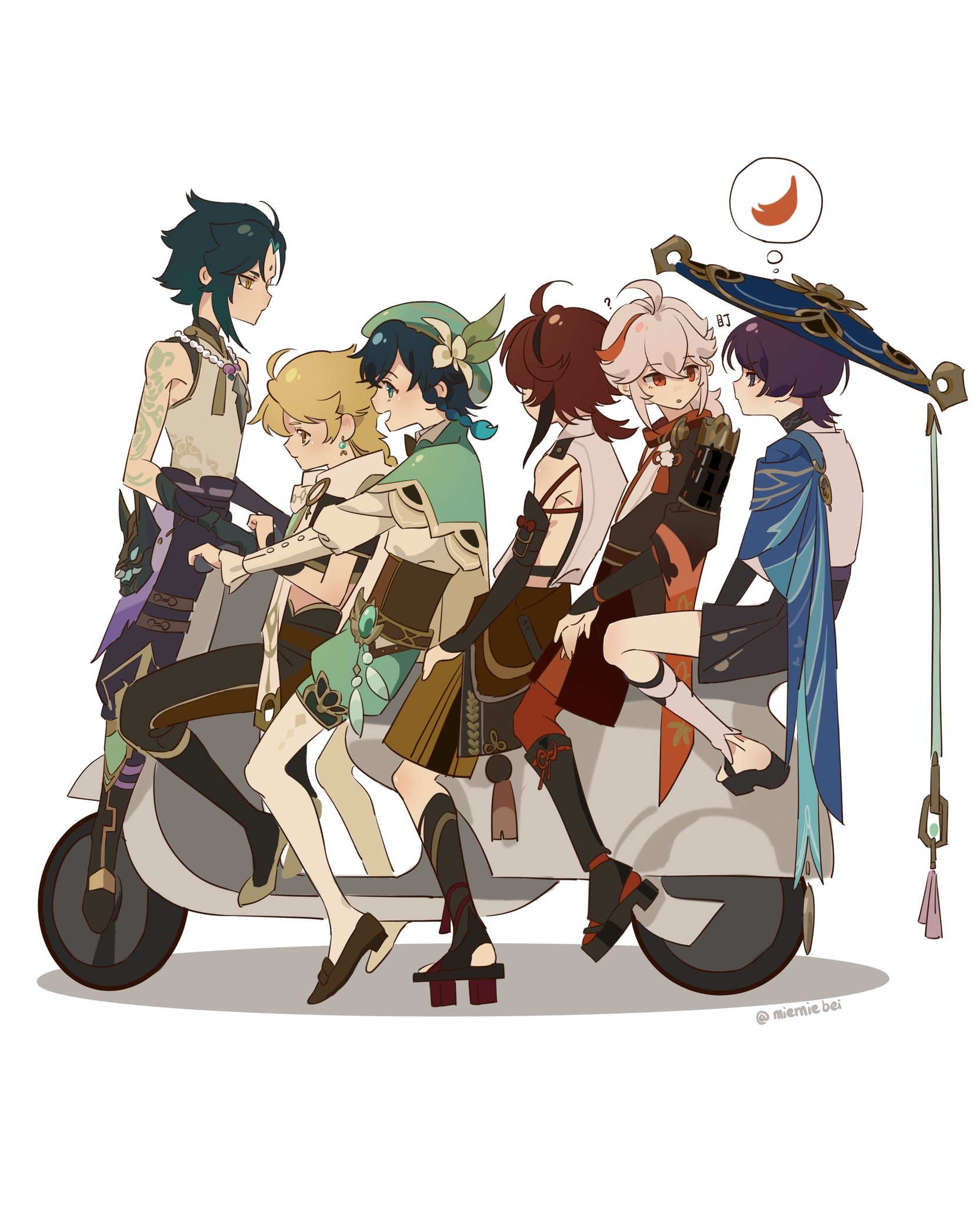 the image depicts a group of five anime characters from the game genshin impact riding on a scooter. the characters are all dressed in casual clothing and appear to be having a lot of fun. the image is drawn in a cute and colorful style, and the characters all have expressive faces. the image is set against a simple white background.