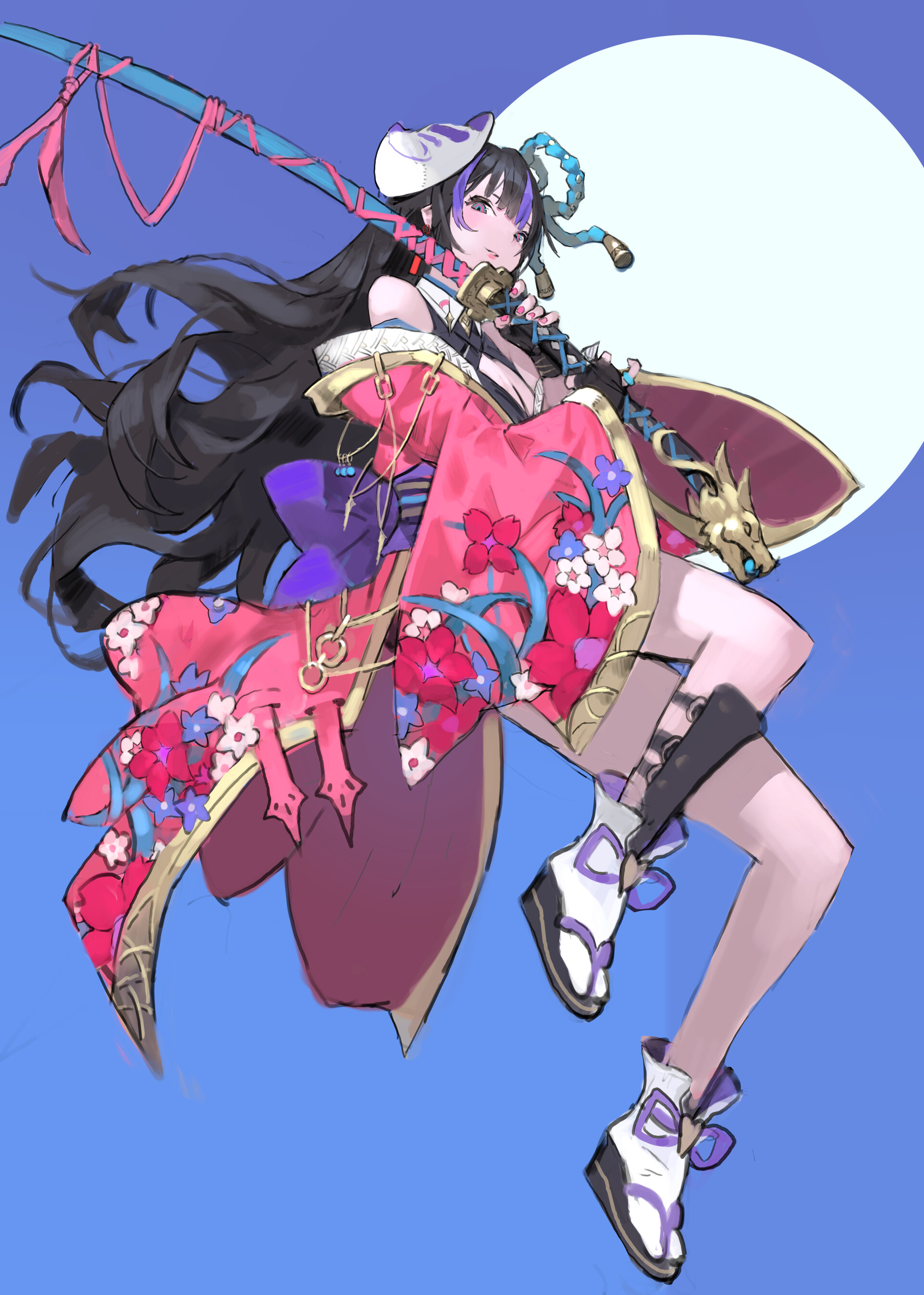 a digital illustration of an anime girl wearing a pink kimono with a floral pattern, holding a sword, and wearing a mask. she has black hair with purple accents and is wearing white boots. the background is blue with a full moon.
