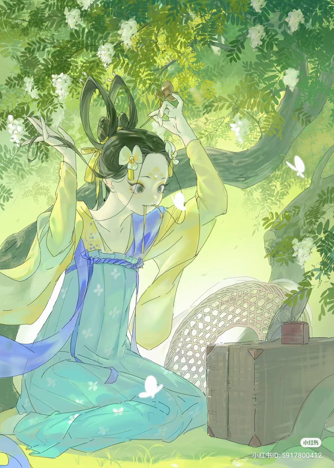 a young woman in flowing, pastelcolored traditional chinese clothing sits beneath a flowering tree, tying her hair. her serene expression suggests a moment of peaceful contemplation. the soft lighting and the presence of butterflies and flowers contribute to the overall atmosphere of tranquility and beauty.