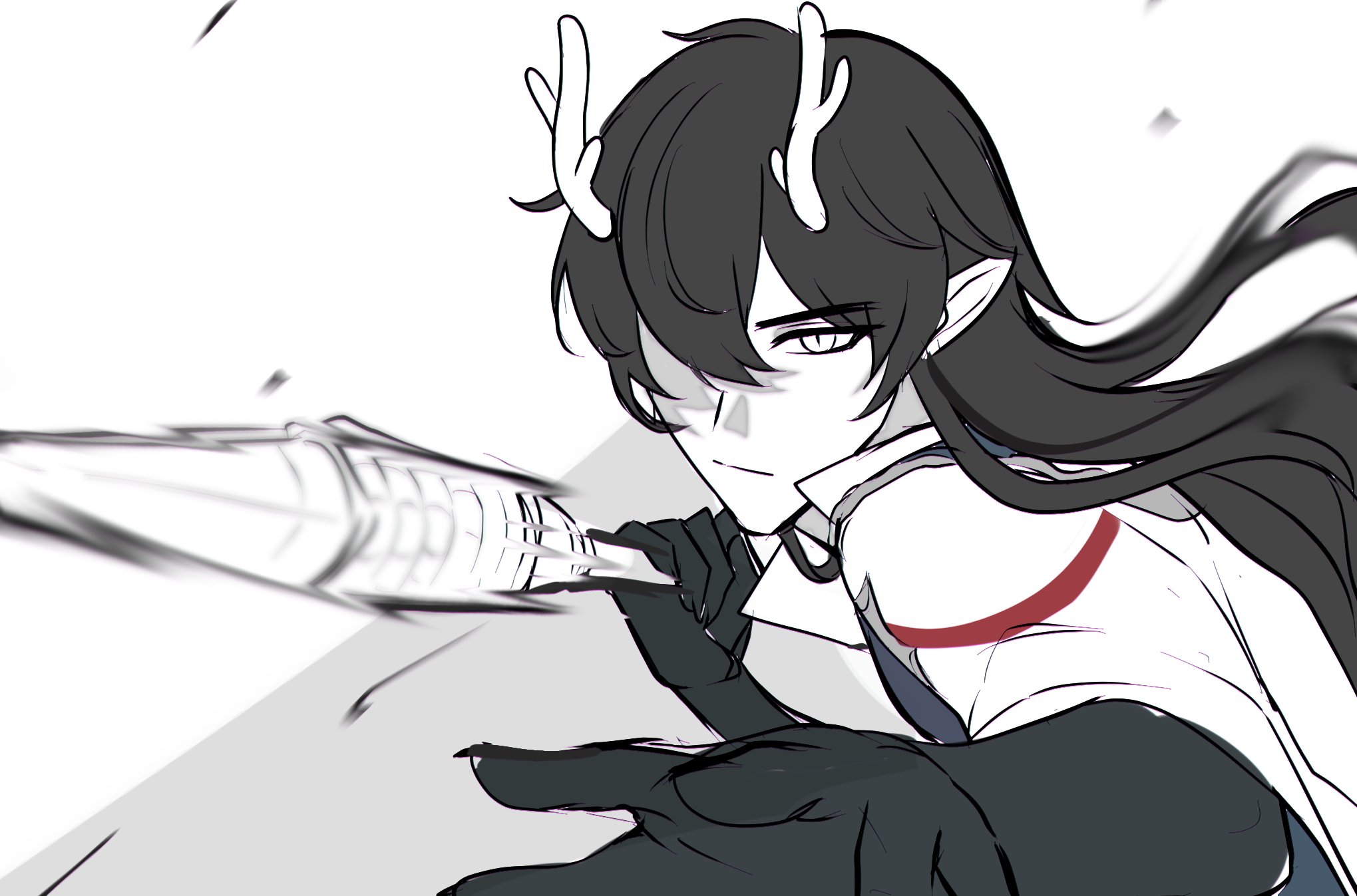 a monochrome anime styled drawing of a woman with black hair. she is holding a sword and has a red stripe on her white shirt. she is wearing black gloves and a red band on her arm. her hair is flowing behind her and there are horns on her head.  she is looking toward the left side of the image.  the background is white.