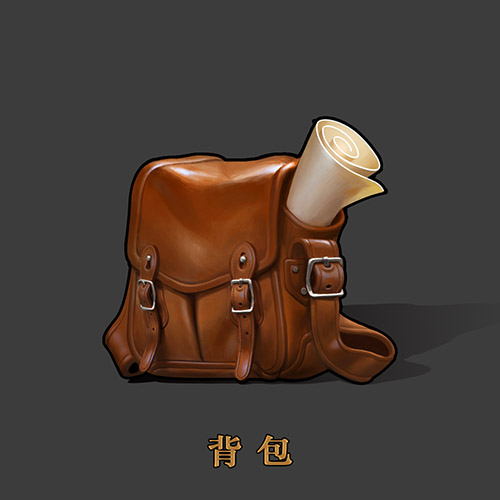 this is an illustration of a brown leather bag with straps, buckles, and a canvas scroll sticking out of the top. the bag is rendered in a pixel art style. the text "背包" in chinese characters is written below the bag, which means "backpack" in english.  the bag is likely a game asset designed for a fantasy or adventure game.