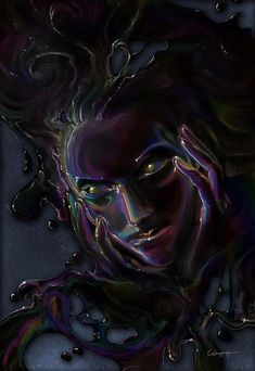 this is a fantasy portrait painting of a woman emerging from or composed of a dark, iridescent liquid. the lighting is dramatic, creating deep shadows and highlighting the liquid texture. her expression is serene yet haunting, with piercing eyes that draw the viewer in.