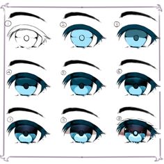 the image is a ninepanel drawing tutorial depicting the steps to draw an anime style eye.  each panel shows a progression of the drawing from a basic outline to a fully shaded and highlighted eye. the tutorial focuses on shading techniques to create depth and realism in the eye.
