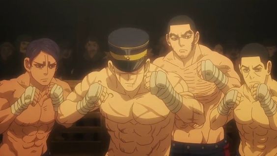 the image shows four muscular men in an anime style, likely boxers given their stances and attire (or lack thereof). they are shirtless, with two of them wearing shorts. they are all in stances indicative of fighting, with fists raised and eyes locked on opponents. the environment suggests a fighting arena or ring, with the background blurred, indicating a focus on the combatants. the lighting appears artificial, perhaps spotlights, highlighting the men and their muscles, creating a tense and charged atmosphere.