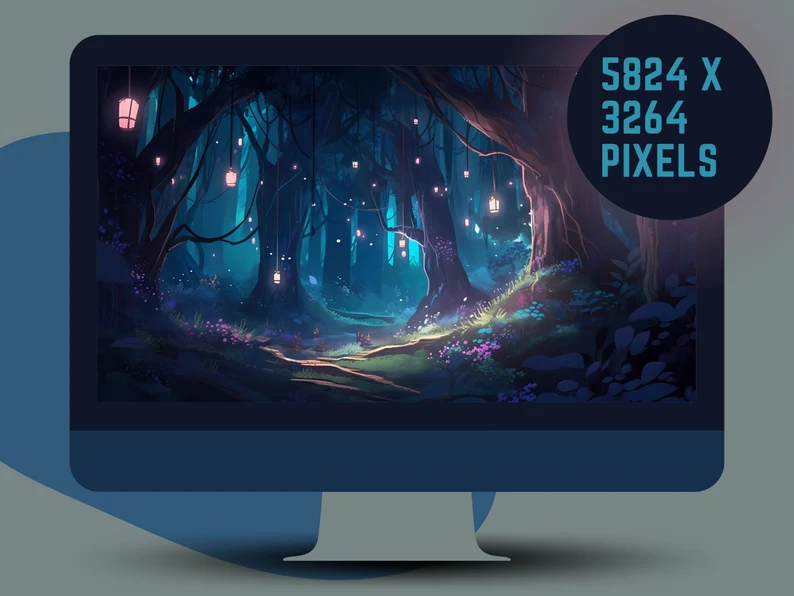 the image shows a magical forest at night. there are glowing lanterns hanging from the trees, illuminating a pathway leading into the distance. the overall tone of the image is dark and mysterious, with cool blues and purples dominating the color palette.