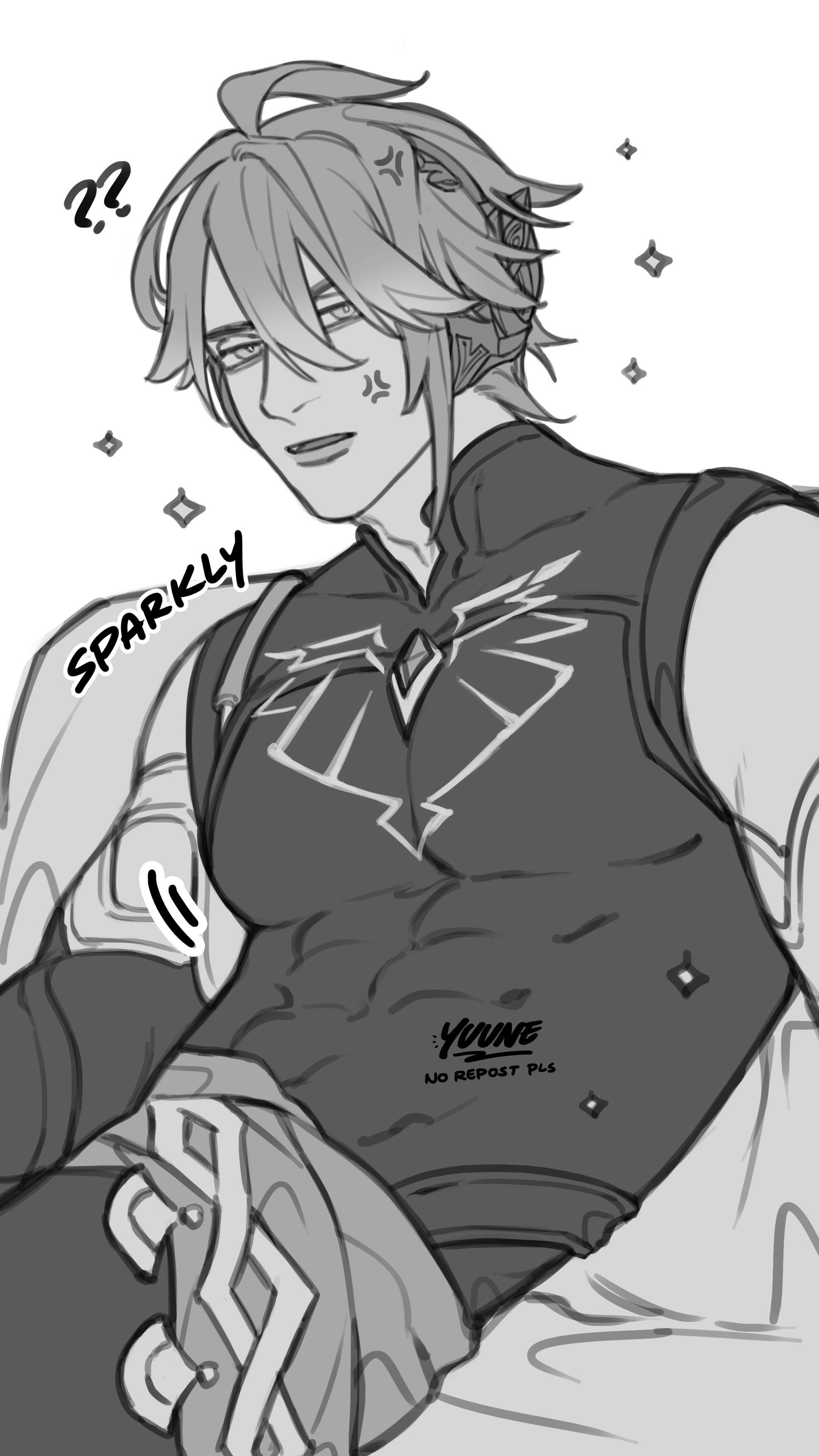 the image is a grayscale fanart depicting a young man with stylish, animeinspired features. he has blond hair, a serious expression, and is wearing a sleeveless shirt with a distinctive design on the chest, reminiscent of a stylized bird or winged emblem. he also has what appears to be shoulder armor or decorative elements on his arms. he's in a relaxed, almost lounging pose. there are "sparkly" effects around him, and text on the clothing indicates it's fanart with a request not to repost. the overall style is a mix of anime and manga aesthetics, rendered in a sketchy, yet detailed way.