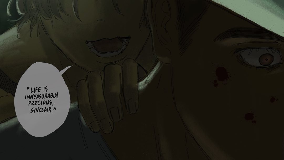 a closeup illustration from a graphic novel or comic. the image is dark and moody, with a focus on two faces. a young woman with a slightly sinister smile is seen clinging to the shoulder of an older man whose face is partially obscured by blood and shadows.  a speech bubble contains the quote: "life is immeasurably precious, sinclair."  the style is reminiscent of manga or graphic novels with a focus on character emotion and atmosphere.  the overall feeling is one of suspense, possibly leading up to or following a violent event.