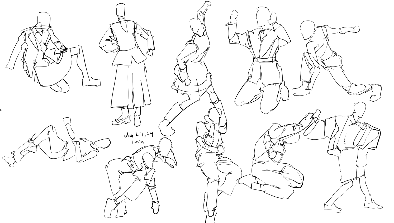 he image contains a collection of quick figure sketches, likely done in one minute each, as indicated by the note "jan 27, '14, 1 min". the sketches are dynamic, capturing various poses and movements of individuals in different clothing styles. the lines are loose and expressive, prioritizing gesture and movement over anatomical detail. the style is informal and spontaneous, characteristic of quick gesture drawing exercises.  the variety of poses suggests a study of human movement and figure drawing.