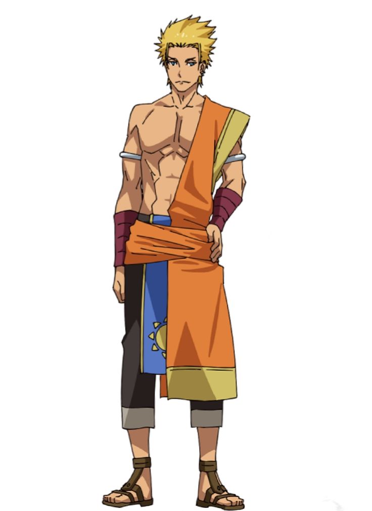 this is an anime illustration of a muscular male character with blond hair. he is wearing a blue and orange outfit,  and standing with his arms at his sides, looking straight ahead. he has a serious expression on his face.  the background is white.