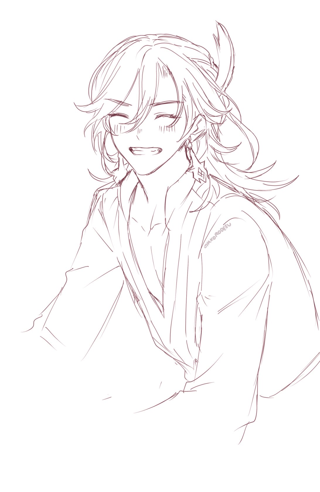 a digital sketch of a anime character with long hair wearing a traditional japanese kimono. the character is smiling with closed eyes and has a cheerful expression. the artwork is done in a minimalist style with simple lines and a focus on the character's face.
