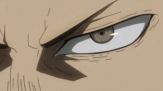 a closeup of an anime character's eye, drawn in a style typical of manga. the eye is focused and determined, with a narrowed brow and sharp lines around the pupil and iris. the character's face is obscured, but their expression is clearly one of intensity and seriousness, perhaps anger or fear. the image highlights the character's emotions and intensity.