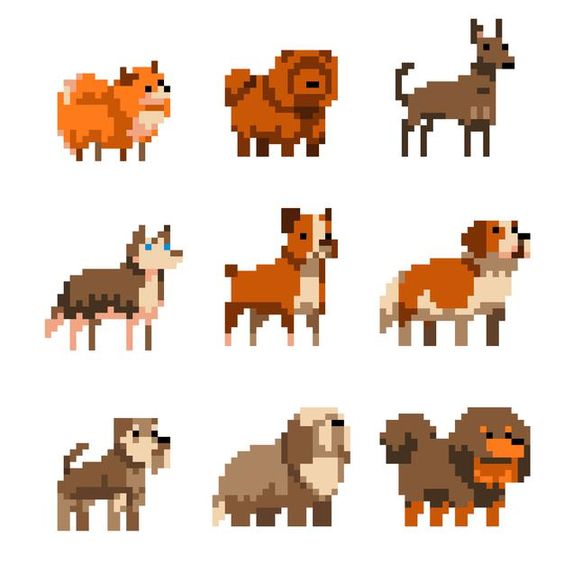 the image shows nine different dog breeds drawn in pixel art style. each dog is facing left or right and has a distinct appearance. the image has a retro, 8bit video game aesthetic.