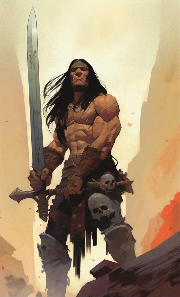 a muscular conan the barbarian stands holding a large sword. he wears a leather band on his head, and a belt with skulls hanging from it. the background suggests a desert or rocky terrain. the style is reminiscent of comic book illustration.